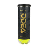 Lata de 3 pelotas de tenis UDEA Elite color amarillo neón en envase cilíndrico negro con diseño de dragón y letras doradas, ideal para entrenamiento y juego profesional