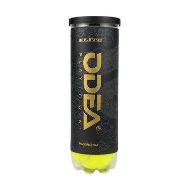 Lata de 3 pelotas de tenis UDEA Elite color amarillo neón en envase cilíndrico negro con diseño de dragón y letras doradas, ideal para entrenamiento y juego profesional