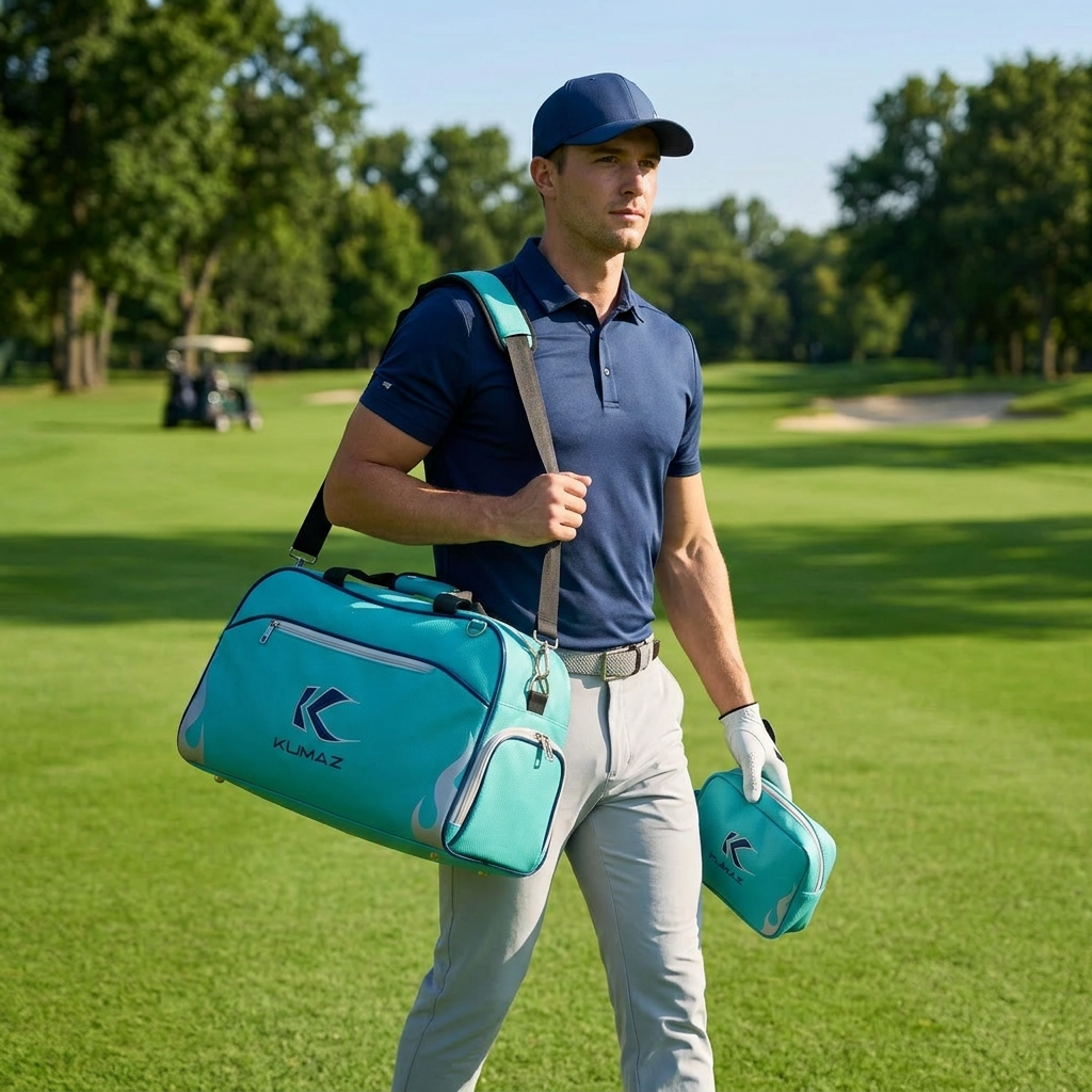 Golfista usando maletín Kumaz KGB01 Aqua Blue campo de golf
