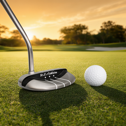 Putter de golf USAT Half Mallet para zurdo colocado sobre un green durante una ronda de golf